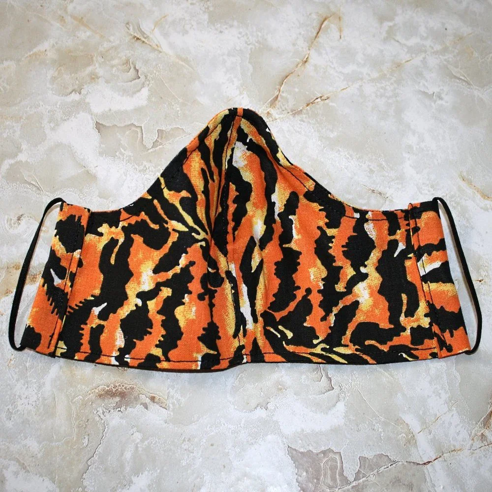 HAND CRAFTED Face Mask Tiger Animal Adult Cloth Fabric Print - Shield Style